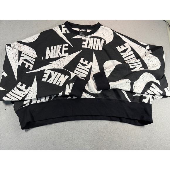Nike Tops - Nike Sportswear Womens Black All Over Print Swoosh Logo Cropped Sweatshirt L